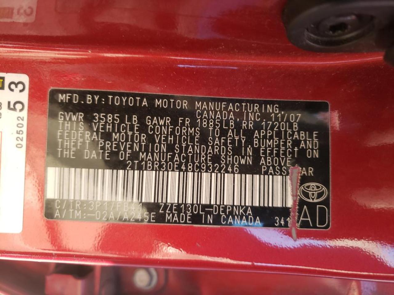 Photo 10 from auction – 2008 TOYOTA COROLLA CE with VIN 2T1BR30E48C932246
