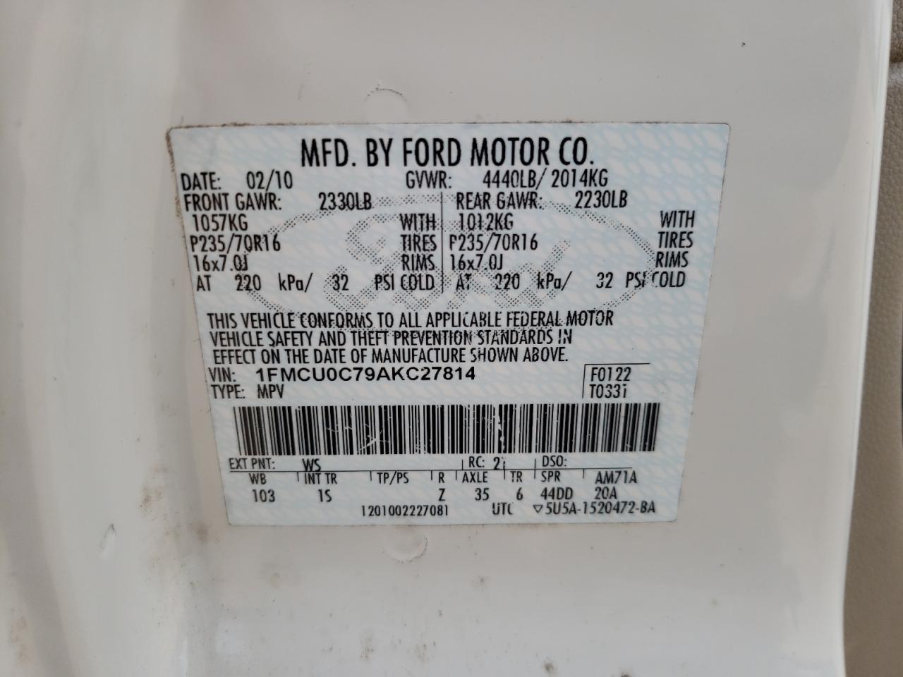Photo 10 from auction – 2010 FORD ESCAPE XLS with VIN 1FMCU0C79AKC27814