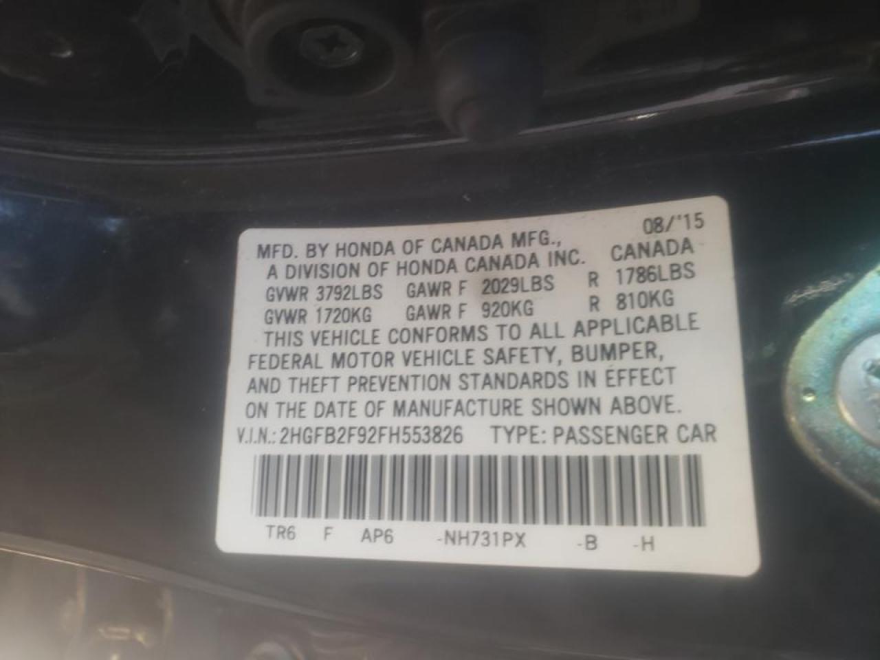 Photo 10 from auction – 2015 HONDA CIVIC EXL with VIN 2HGFB2F92FH553826