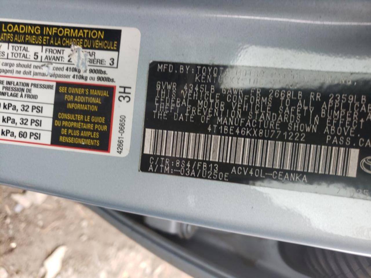 Photo 10 from auction – 2008 TOYOTA CAMRY with VIN 4T1BE46KX8U771222