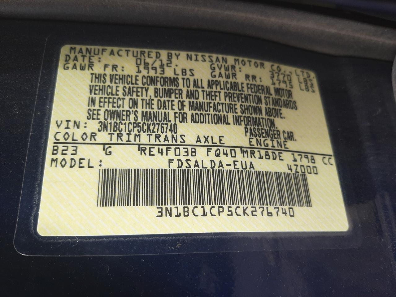 Photo 10 from auction – 2012 NISSAN VERSA S with VIN 3N1BC1CP5CK276740