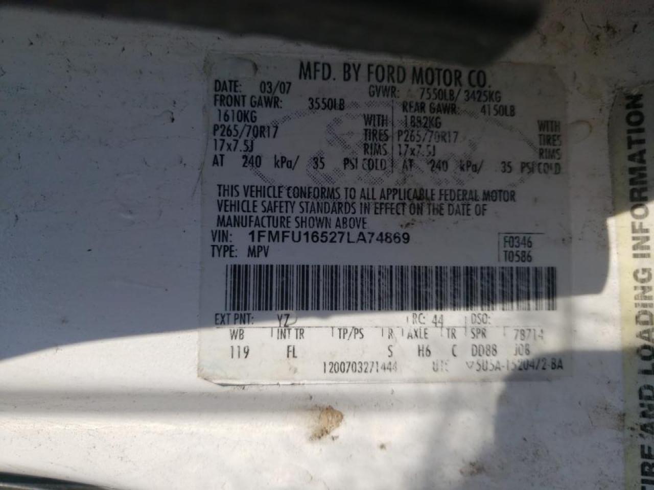 Photo 10 from auction – 2007 FORD EXPEDITION with VIN 1FMFU16527LA74869