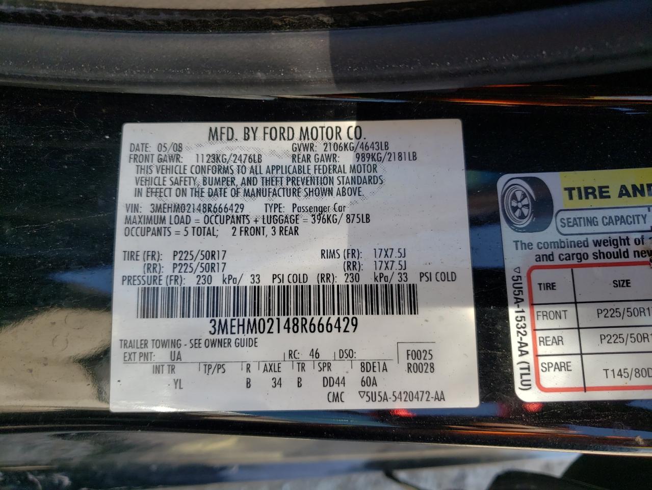 Photo 10 from auction – 2008 MERCURY MILAN PREM with VIN 3MEHM02148R666429