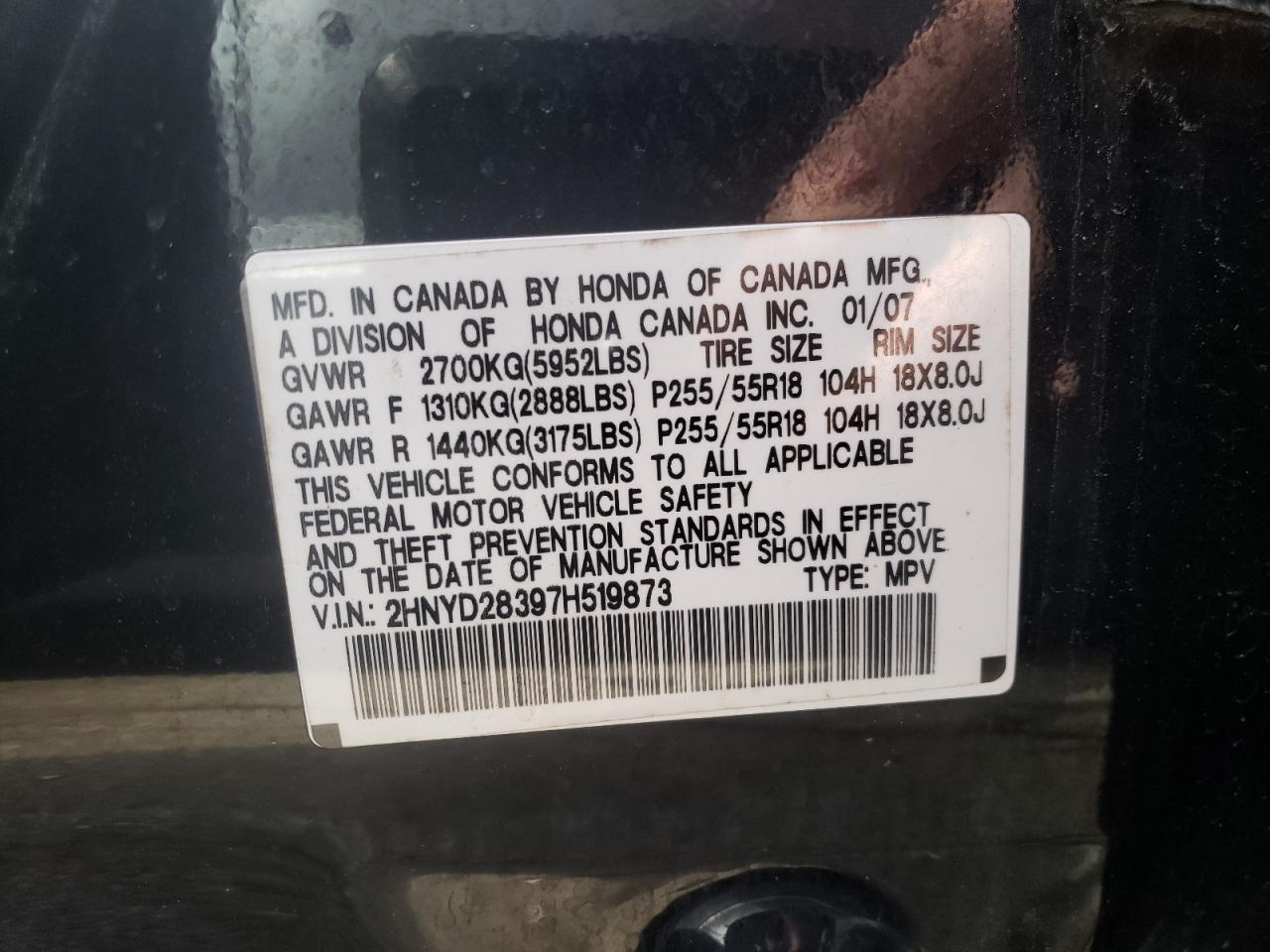 Photo 10 from auction – 2007 ACURA MDX TECHNO with VIN 2HNYD28397H519873