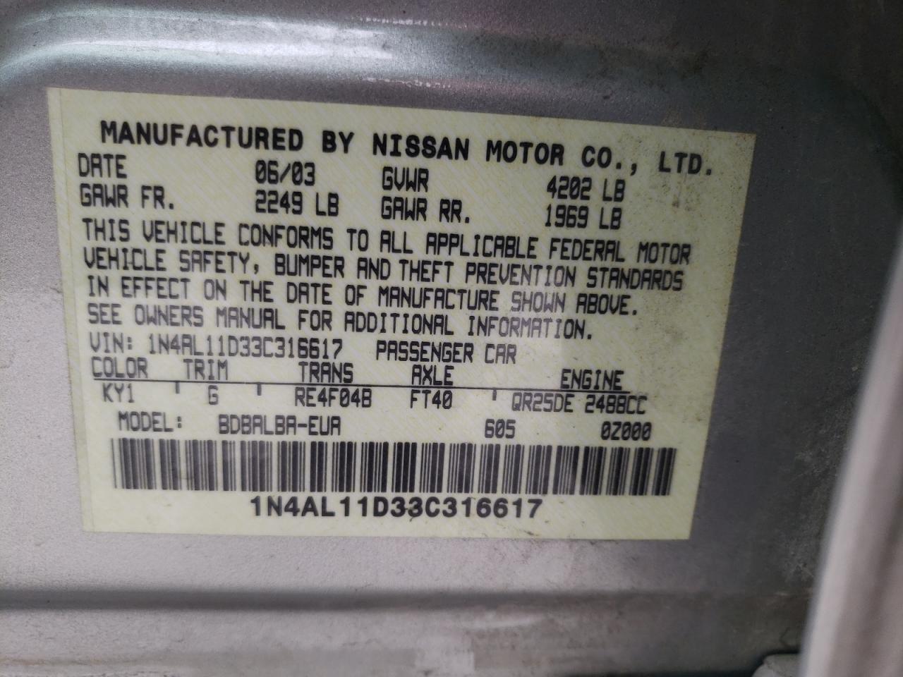 Photo 10 from auction – 2003 NISSAN ALTIMA BAS with VIN 1N4AL11D33C316617