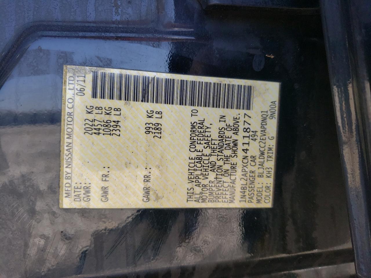 Photo 10 from auction – 2012 NISSAN ALTIMA SR with VIN 1N4BL2APXCN411877