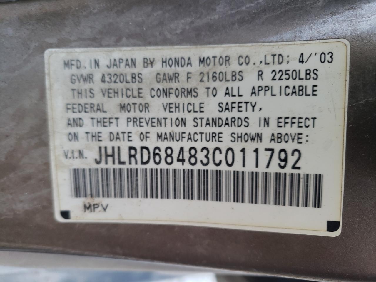 Photo 10 from auction – 2003 HONDA CR-V LX with VIN JHLRD68483C011792