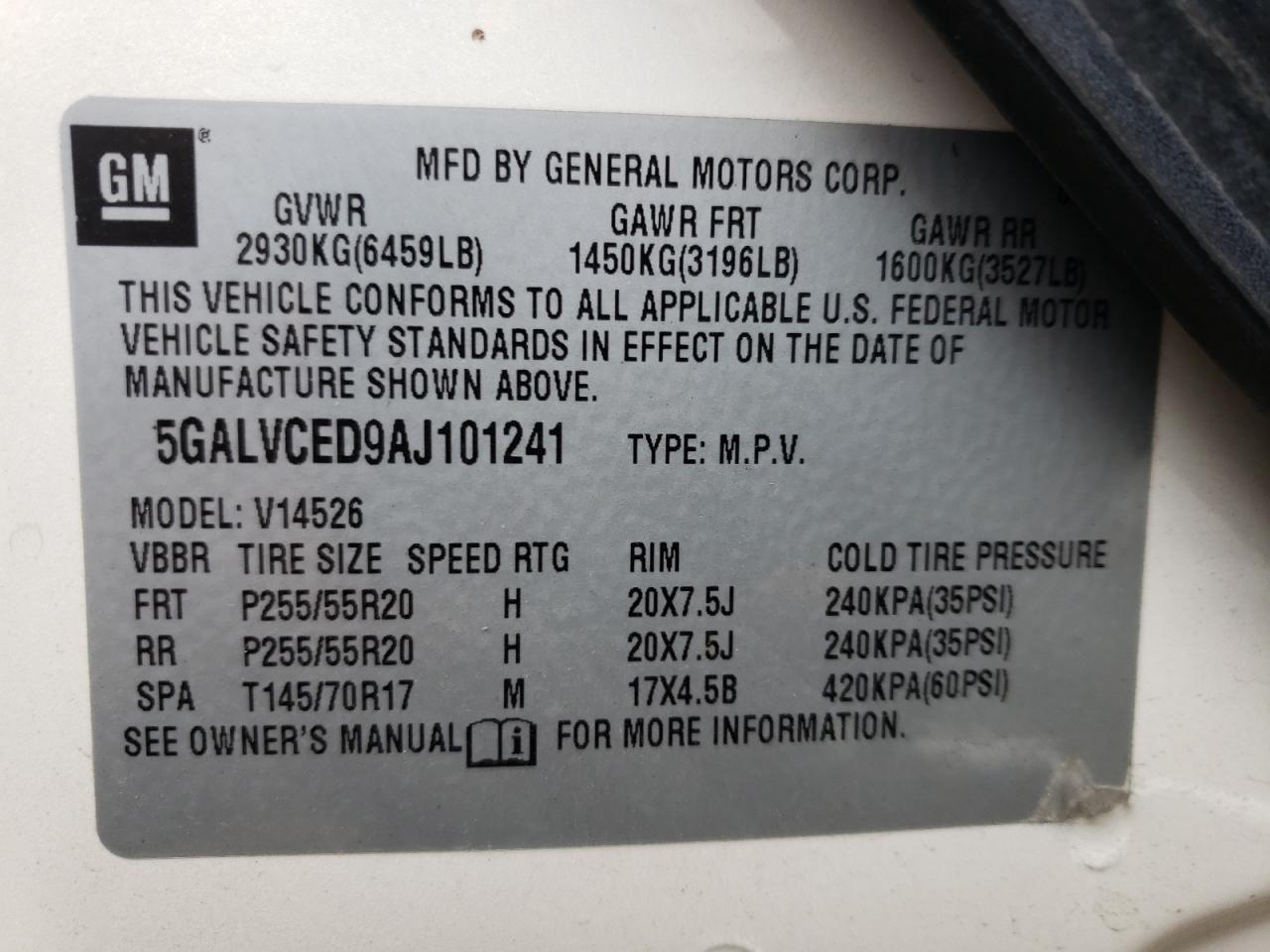 Photo 10 from auction – 2010 BUICK ENCLAVE CX with VIN 5GALVCED9AJ101241