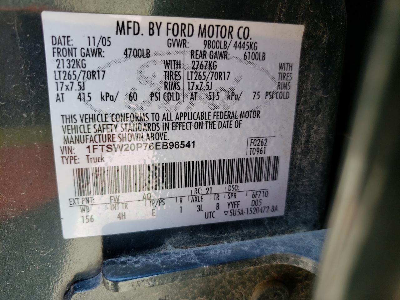 Photo 10 from auction – 2006 FORD F250 SUPER with VIN 1FTSW20P76EB98541