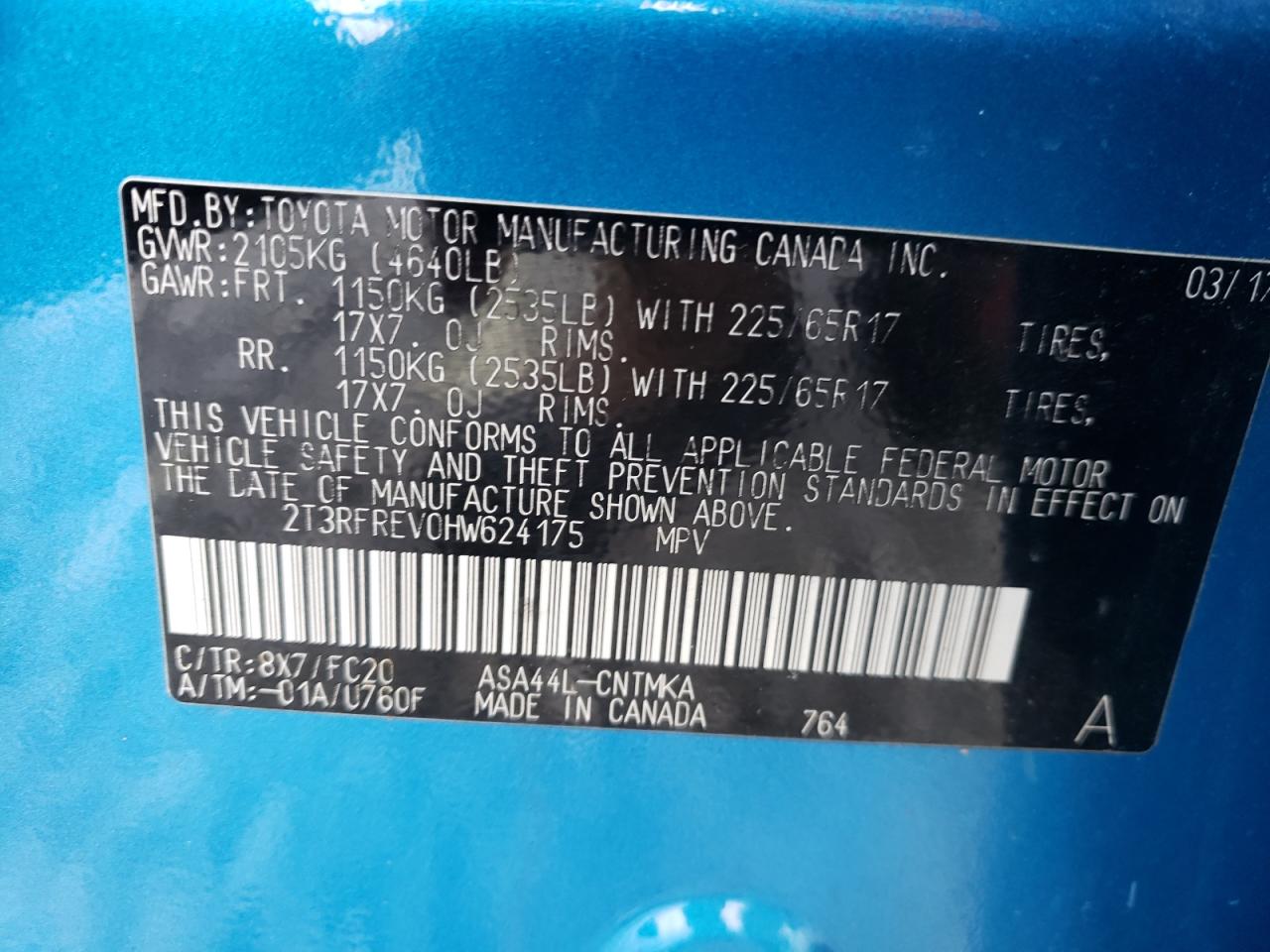 Photo 10 from auction – 2017 TOYOTA RAV4 XLE with VIN 2T3RFREV0HW624175