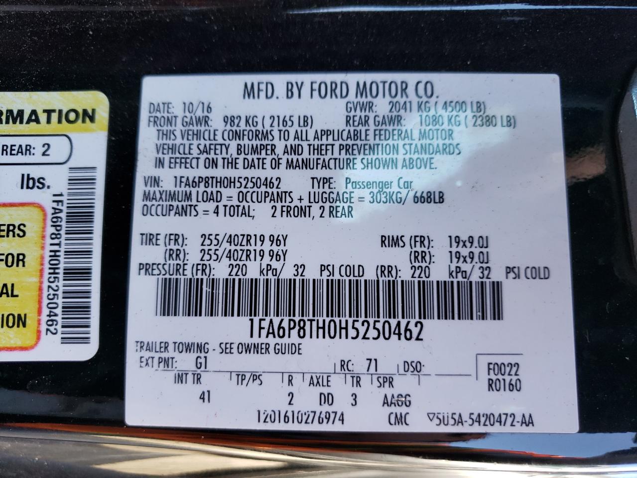 Photo 10 from auction – 2017 FORD MUSTANG with VIN 1FA6P8TH0H5250462