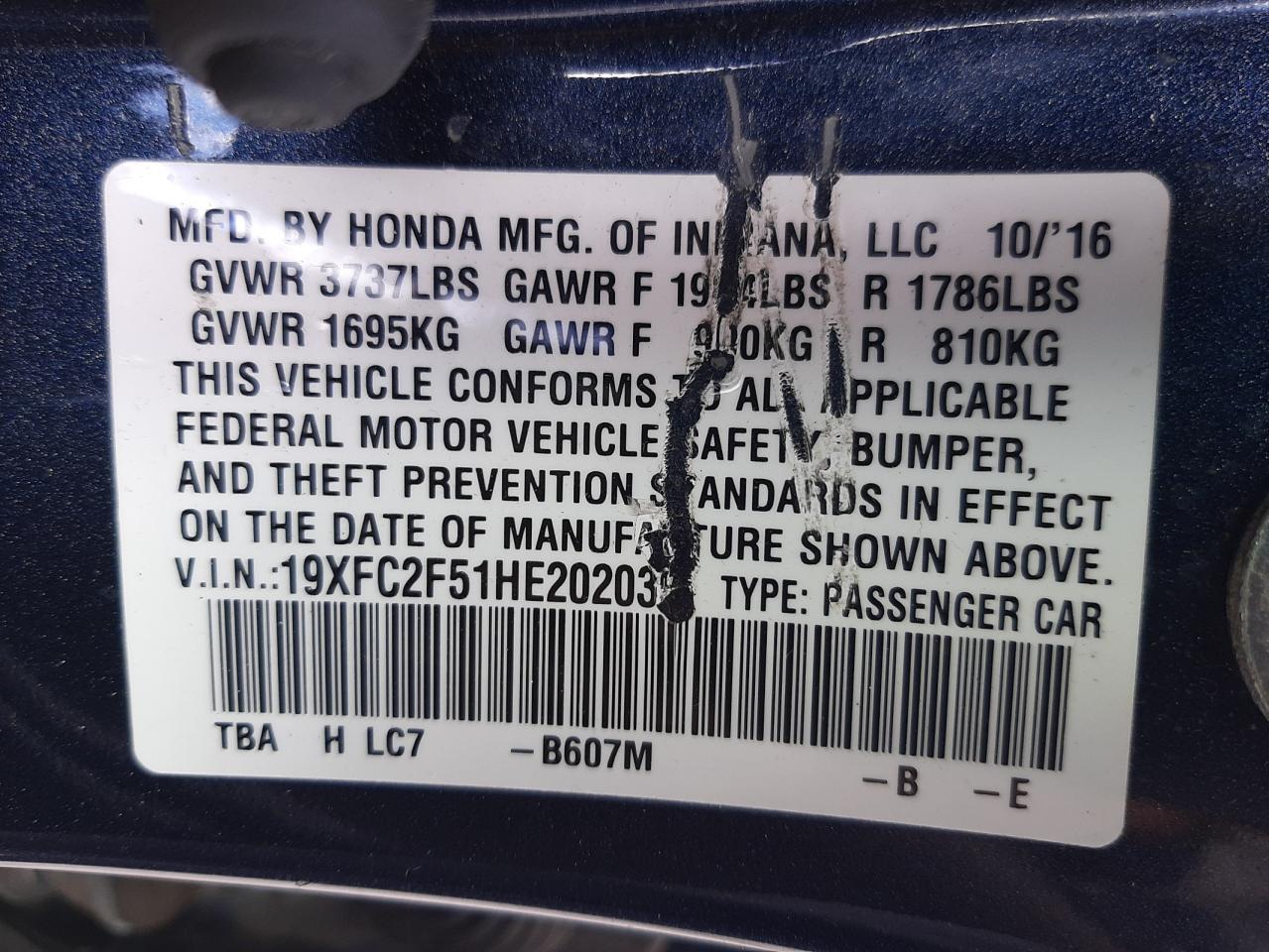 Photo 10 from auction – 2017 HONDA CIVIC LX with VIN 19XFC2F51HE202039