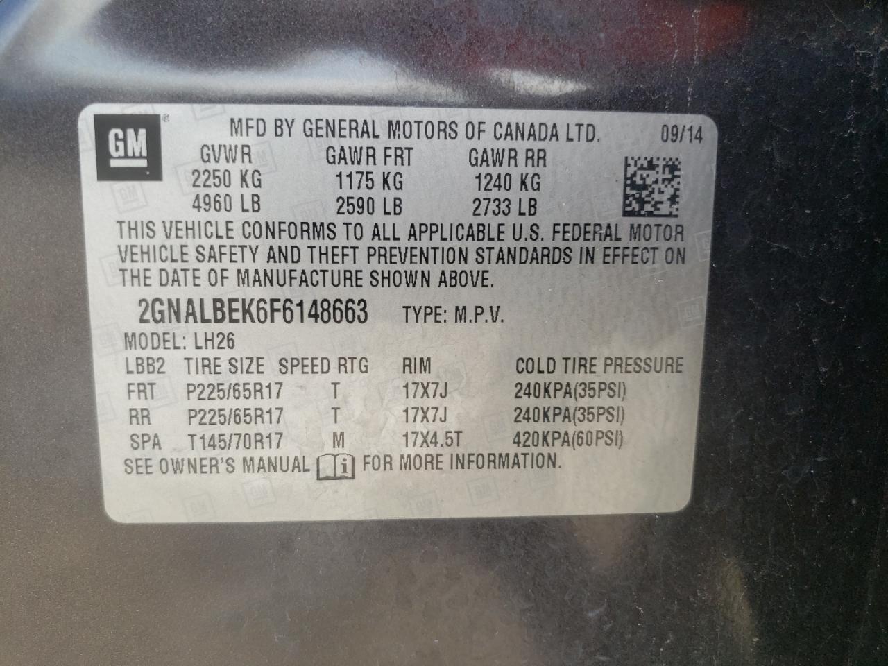 Photo 10 from auction – 2015 CHEVROLET EQUINOX LT with VIN 2GNALBEK6F6148663