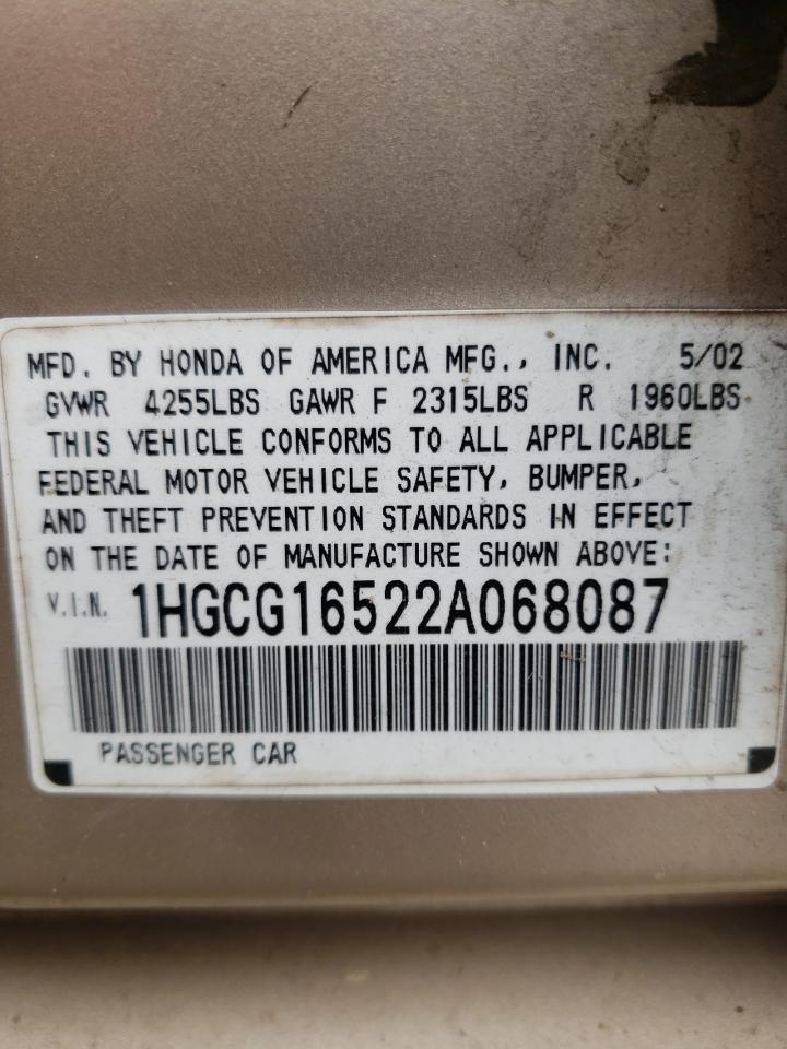 Photo 10 from auction – 2002 HONDA ACCORD EX with VIN 1HGCG16522A068087