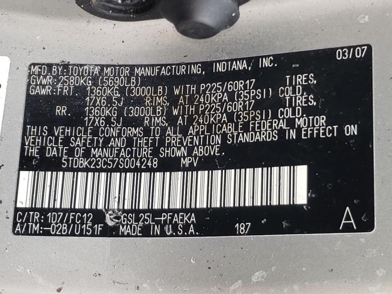 Photo 10 from auction – 2007 TOYOTA SIENNA LE with VIN 5TDBK23C57S004248