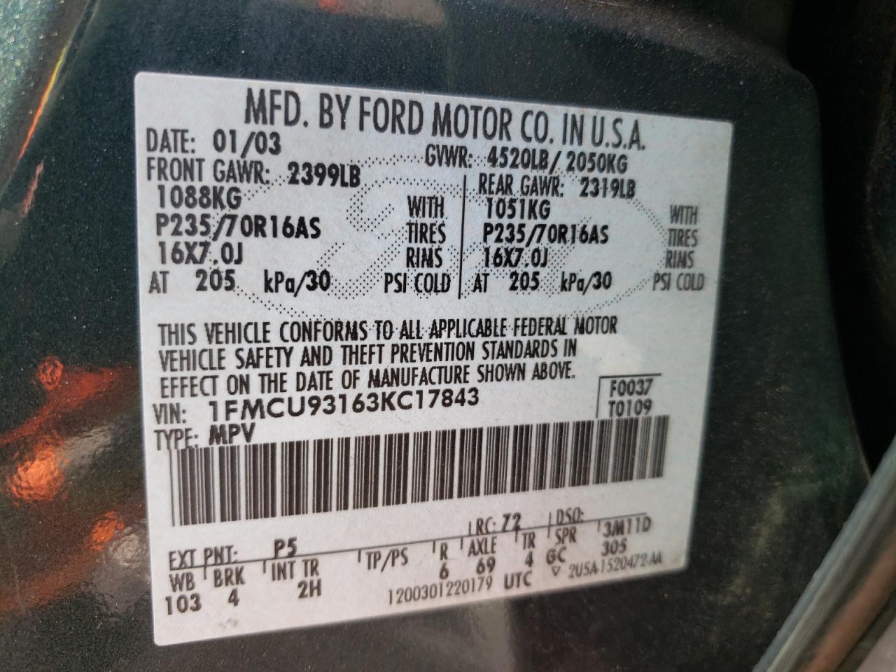 Photo 10 from auction – 2003 FORD ESCAPE XLT with VIN 1FMCU93163KC17843