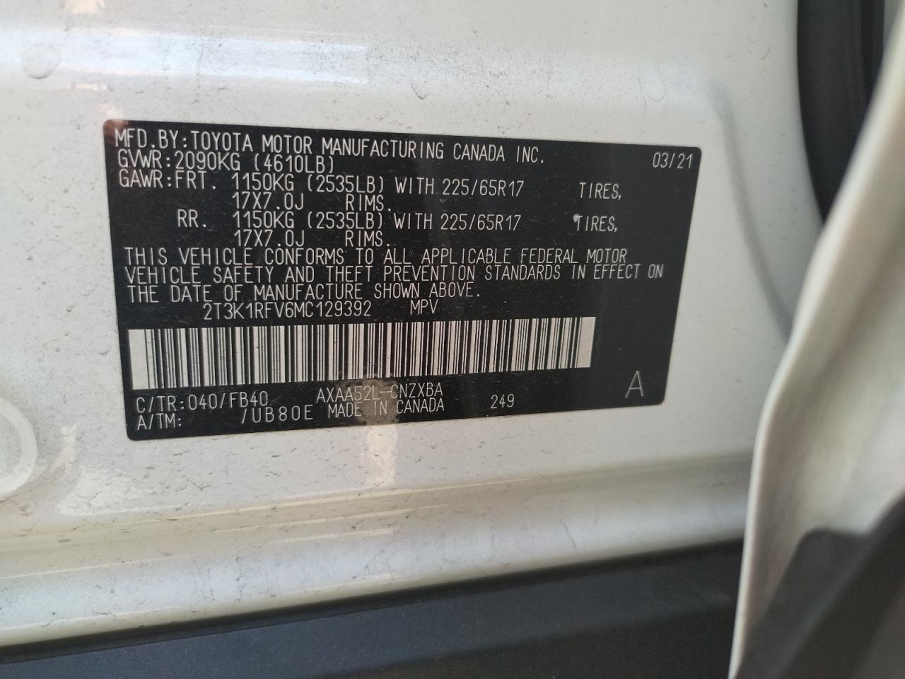 Photo 10 from auction – 2021 TOYOTA RAV4 LE with VIN 2T3K1RFV6MC129392