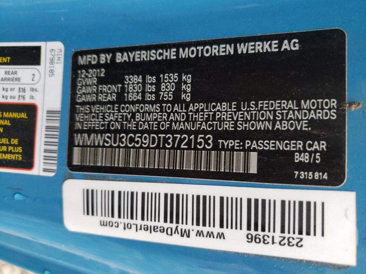 Photo 10 from auction – 2013 MINI COOPER with VIN WMWSU3C59DT372153