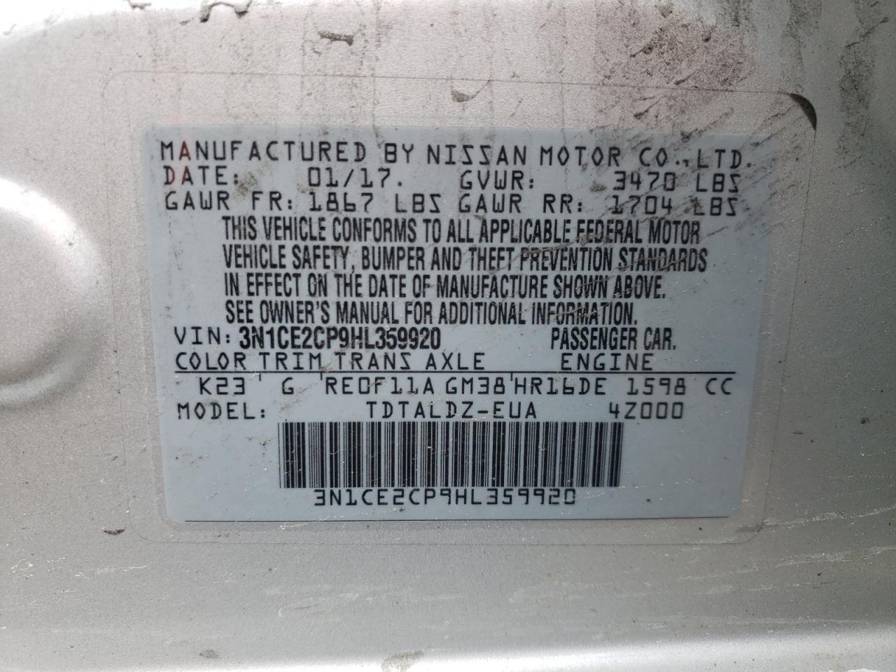 Photo 10 from auction – 2017 NISSAN VERSA NOTE with VIN 3N1CE2CP9HL359920