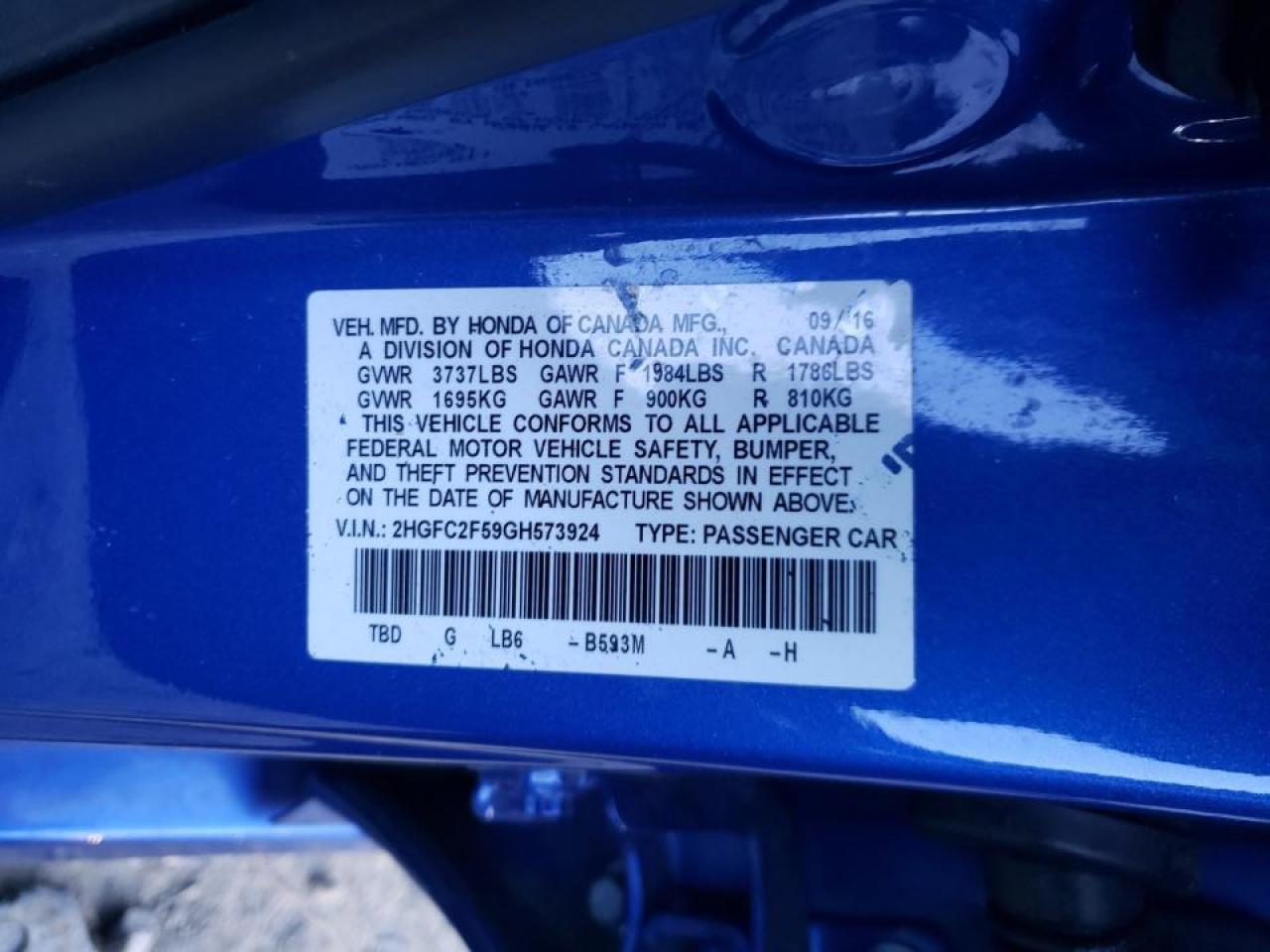 Photo 10 from auction – 2016 HONDA CIVIC LX with VIN 2HGFC2F59GH573924