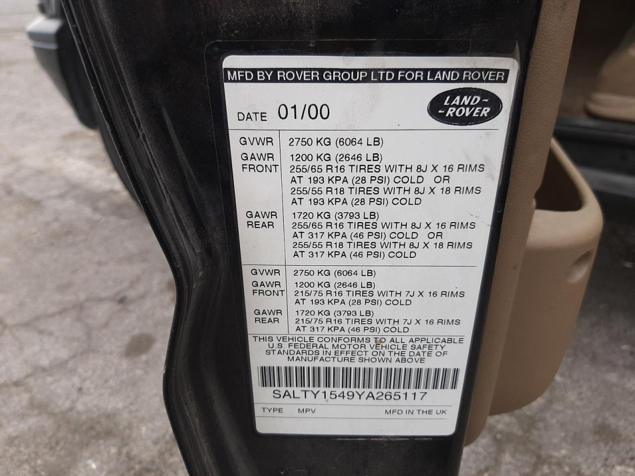 Photo 10 from auction – 2000 LAND ROVER DISCOVERY with VIN SALTY1549YA265117