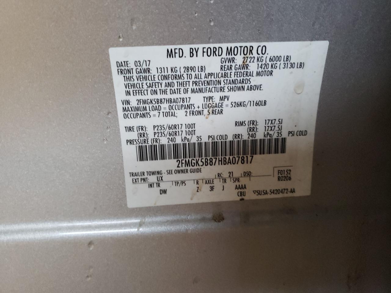 Photo 10 from auction – 2017 FORD FLEX SE with VIN 2FMGK5B87HBA07817