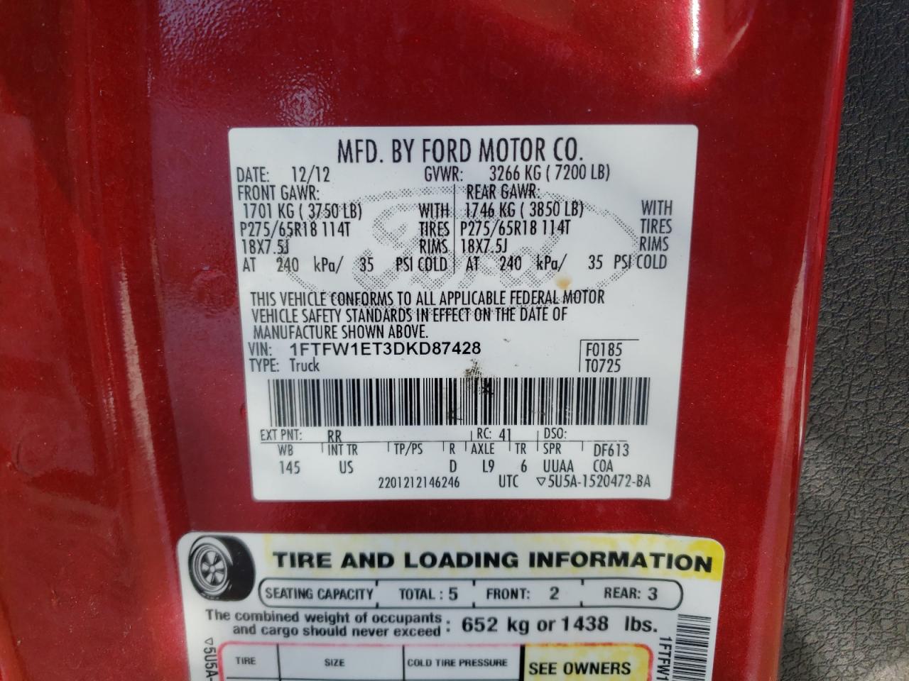 Photo 10 from auction – 2013 FORD F150 SUPER with VIN 1FTFW1ET3DKD87428
