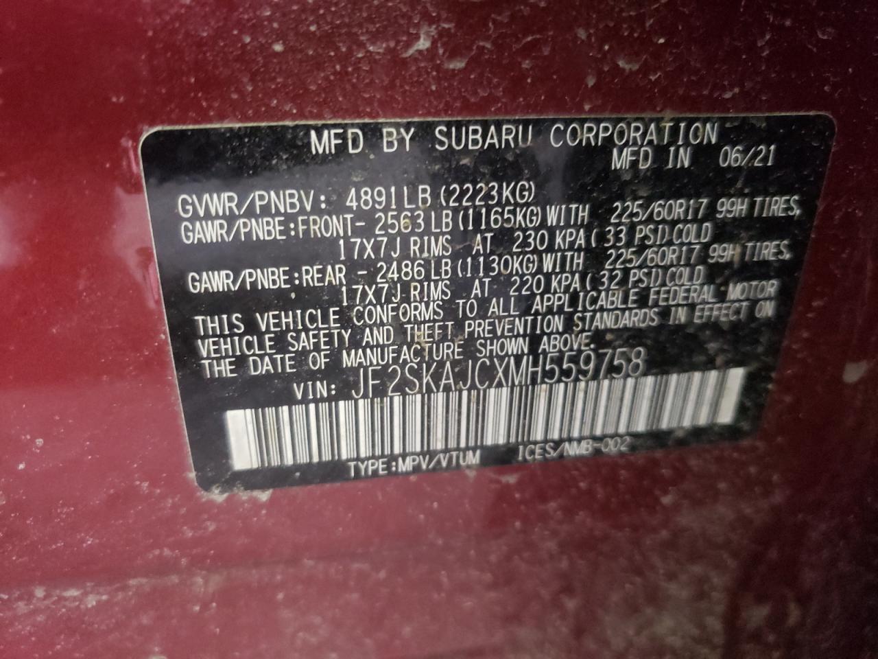 Photo 10 from auction – 2021 SUBARU FORESTER P with VIN JF2SKAJCXMH559758