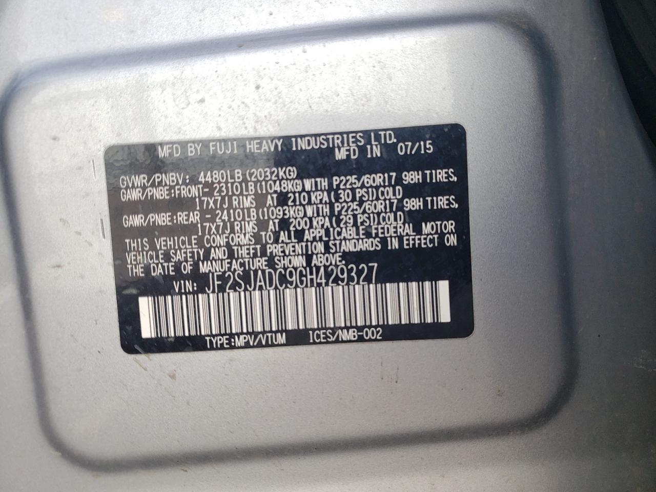 Photo 10 from auction – 2016 SUBARU FORESTER 2 with VIN JF2SJADC9GH429327