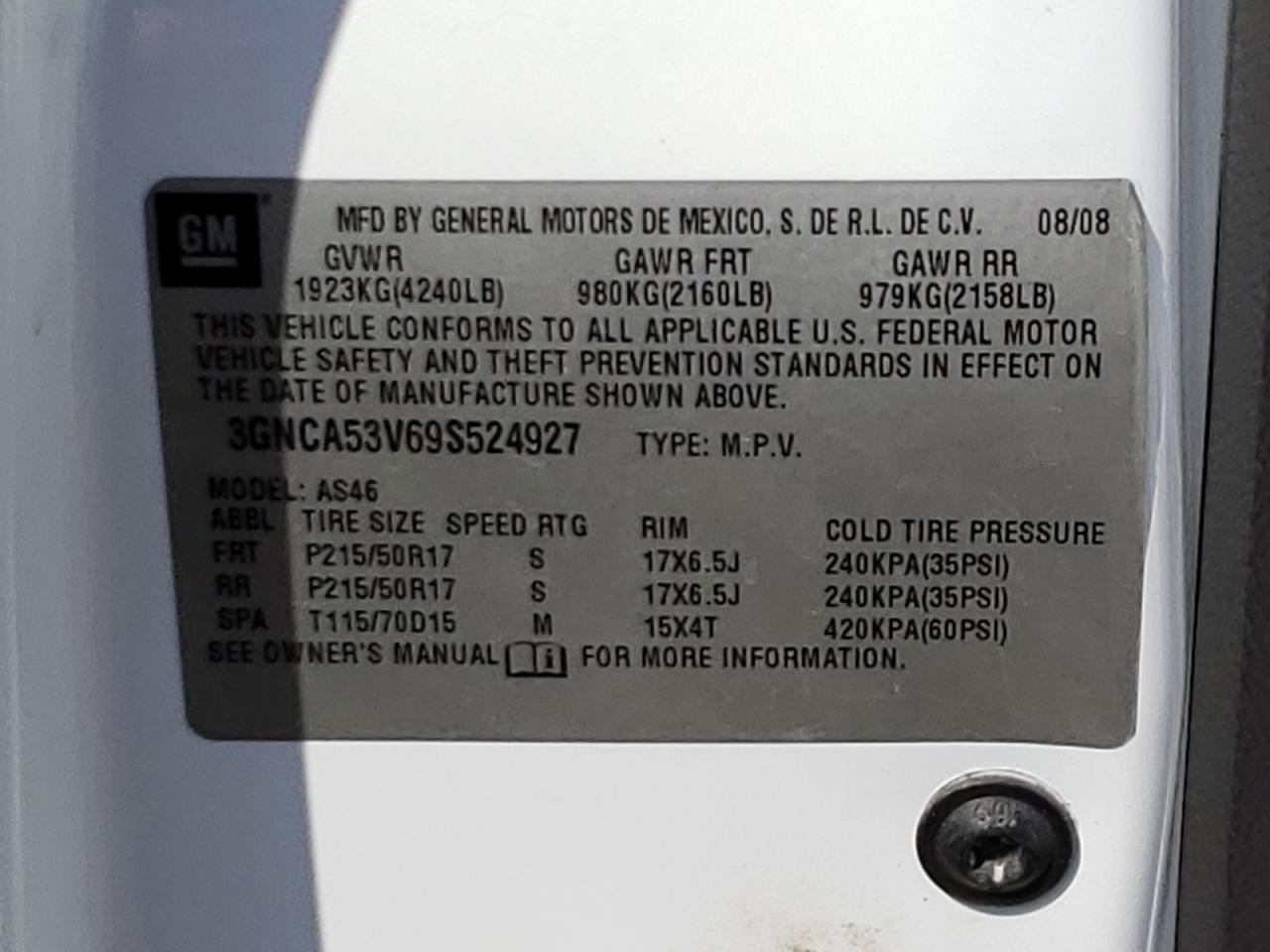 Photo 10 from auction – 2009 CHEVROLET HHR LT with VIN 3GNCA53V69S524927