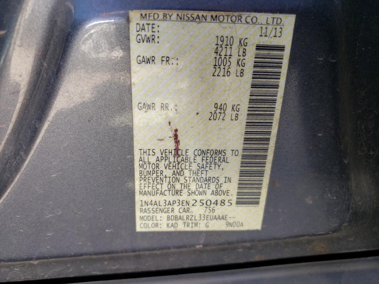 Photo 10 from auction – 2014 NISSAN ALTIMA 2.5 with VIN 1N4AL3AP3EN250485