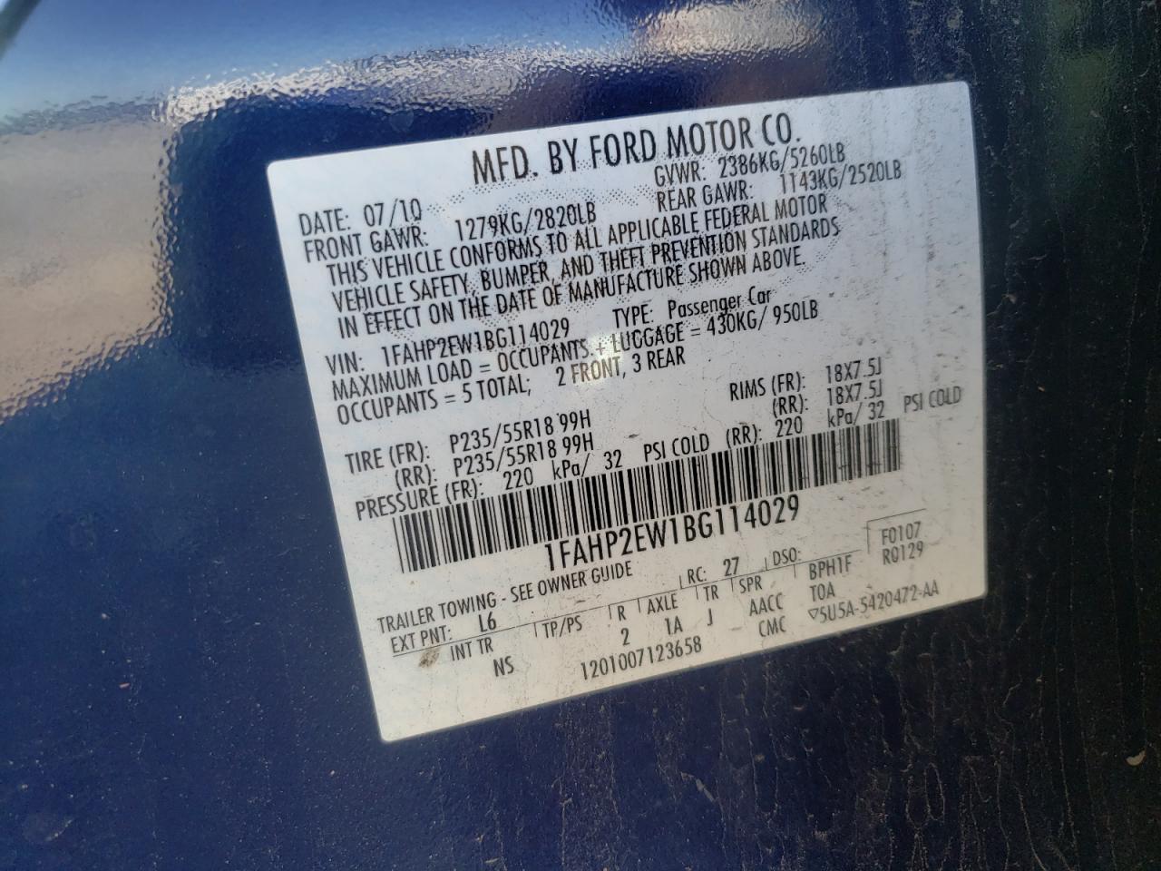 Photo 10 from auction – 2011 FORD TAURUS SEL with VIN 1FAHP2EW1BG114029