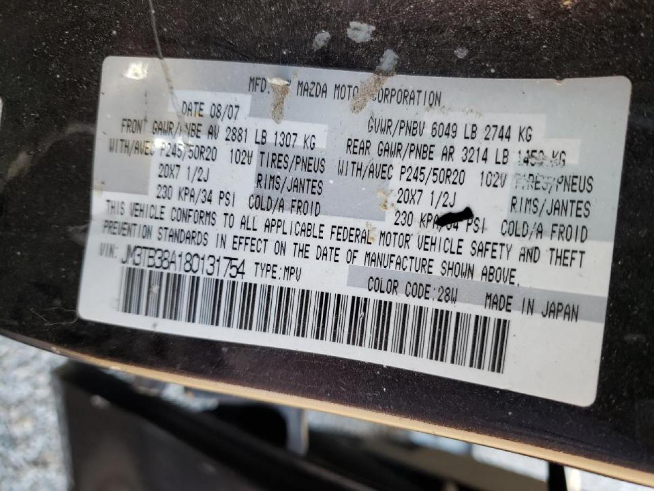 Photo 10 from auction – 2008 MAZDA CX-9 with VIN JM3TB38A180131754