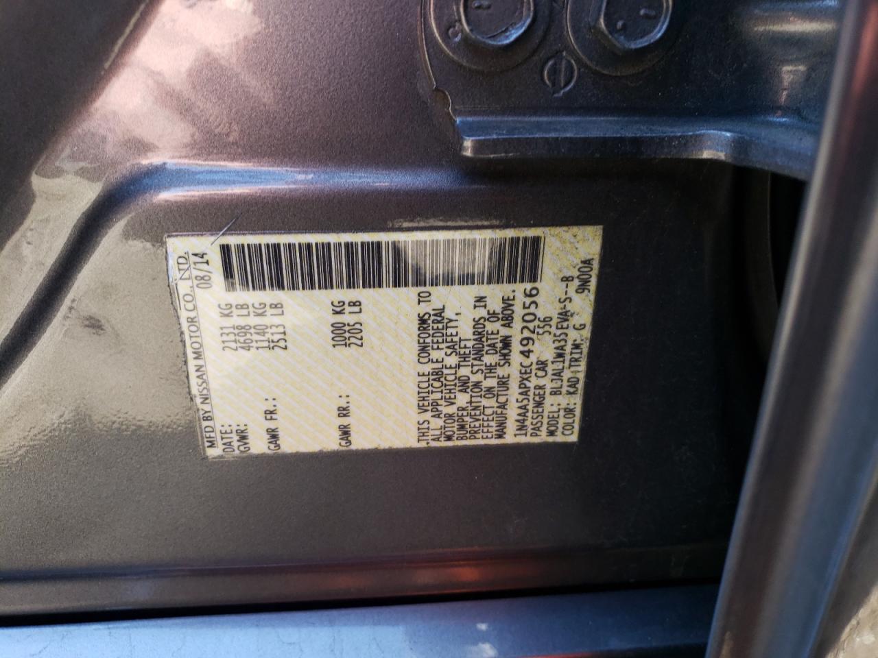 Photo 10 from auction – 2014 NISSAN MAXIMA S with VIN 1N4AA5APXEC492056