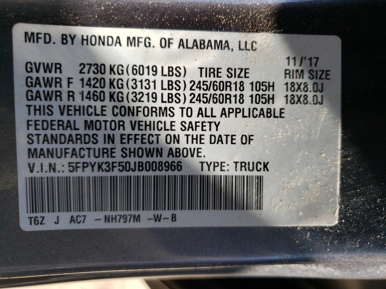 Zdjęcie 10 z aukcji – 2018 HONDA RIDGELINE z VIN 5FPYK3F50JB008966
