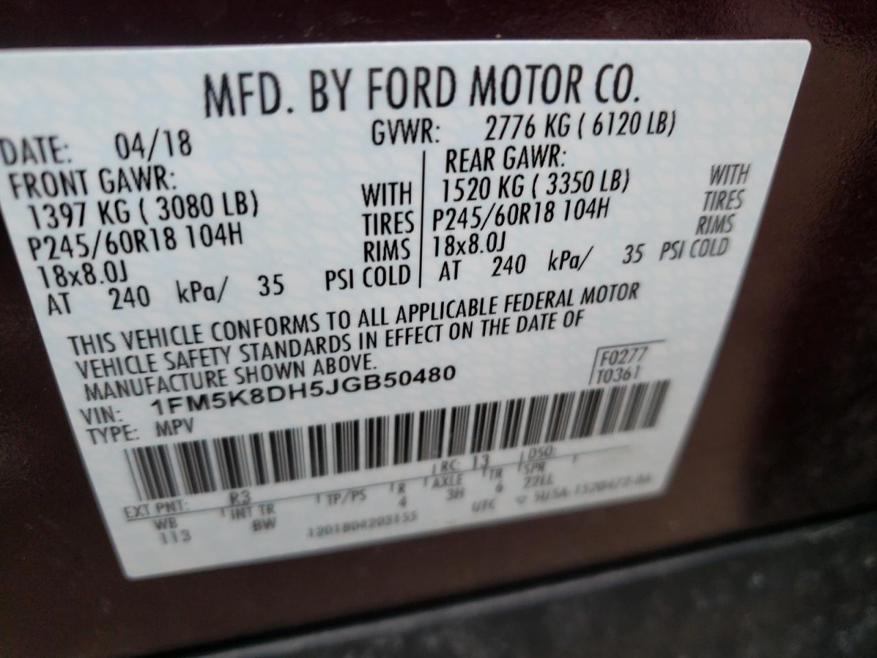 Photo 10 from auction – 2018 FORD EXPLORER X with VIN 1FM5K8DH5JGB50480