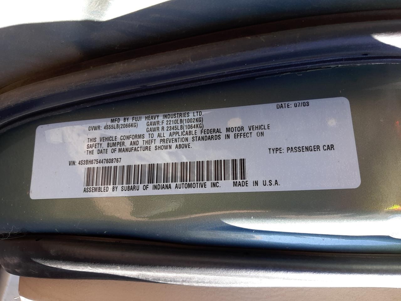 Photo 10 from auction – 2004 SUBARU LEGACY OUT with VIN 4S3BH675447608767