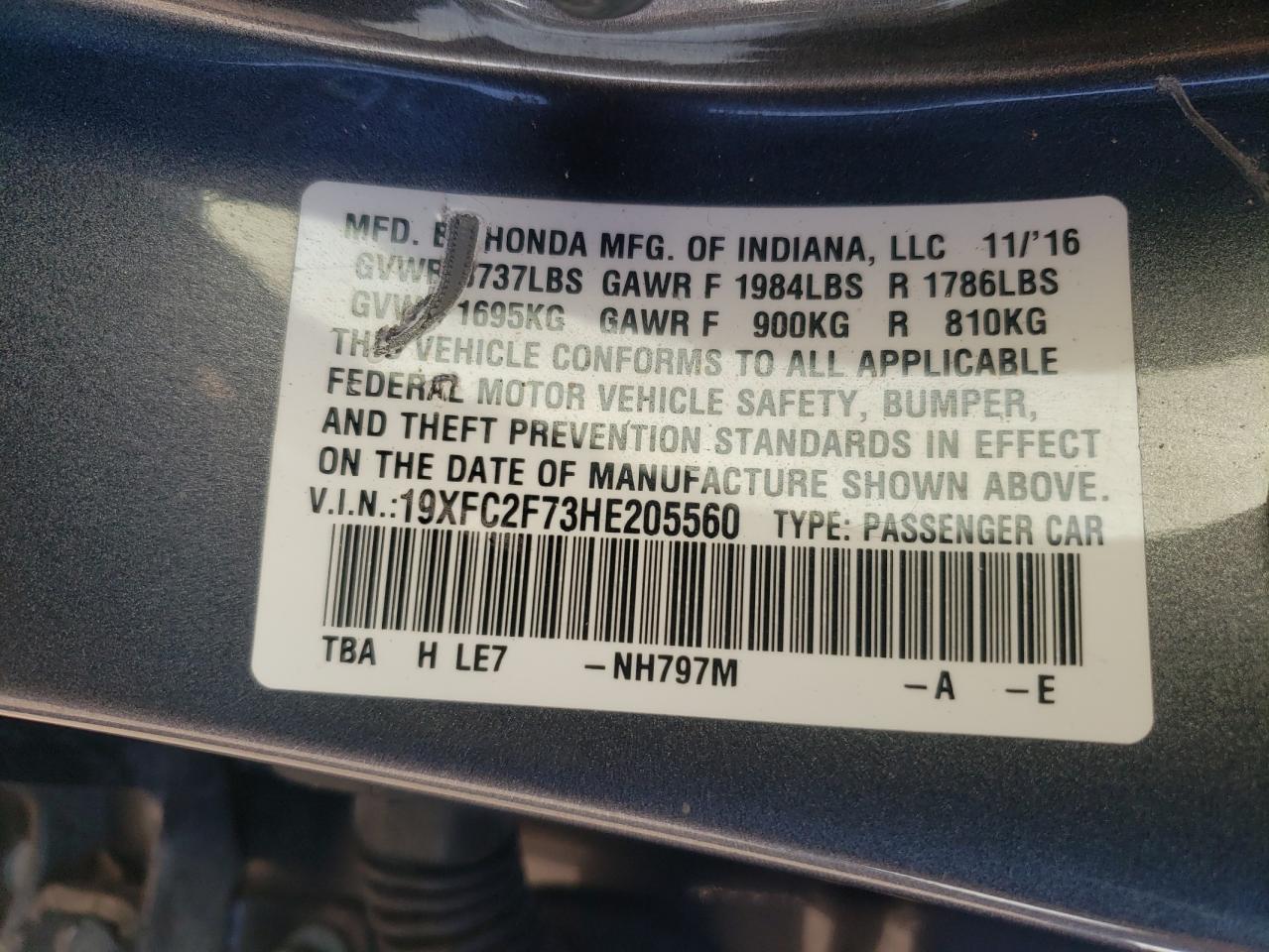 Photo 10 from auction – 2017 HONDA CIVIC EX with VIN 19XFC2F73HE205560
