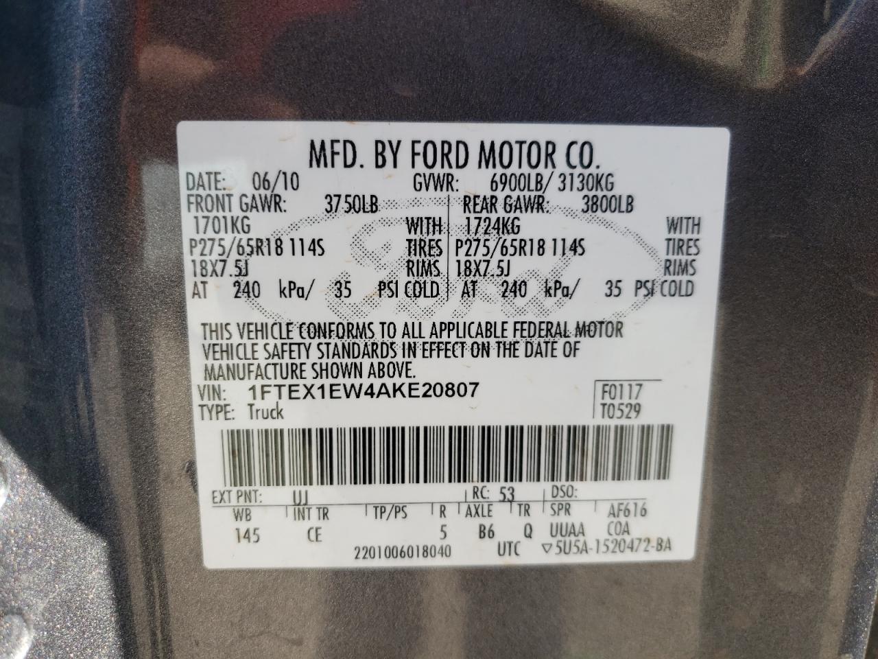 Photo 10 from auction – 2010 FORD F150 SUPER with VIN 1FTEX1EW4AKE20807