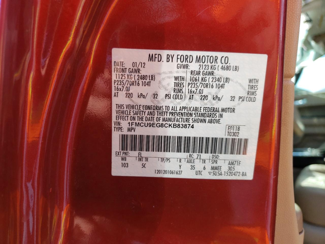 Photo 10 from auction – 2012 FORD ESCAPE LIM with VIN 1FMCU9EG8CKB83874