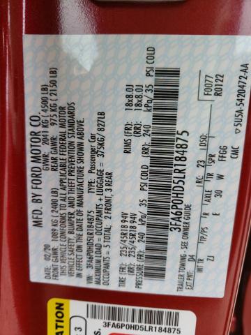 Photo 10 from auction – 2020 FORD FUSION SE with VIN 3FA6P0HD5LR184875
