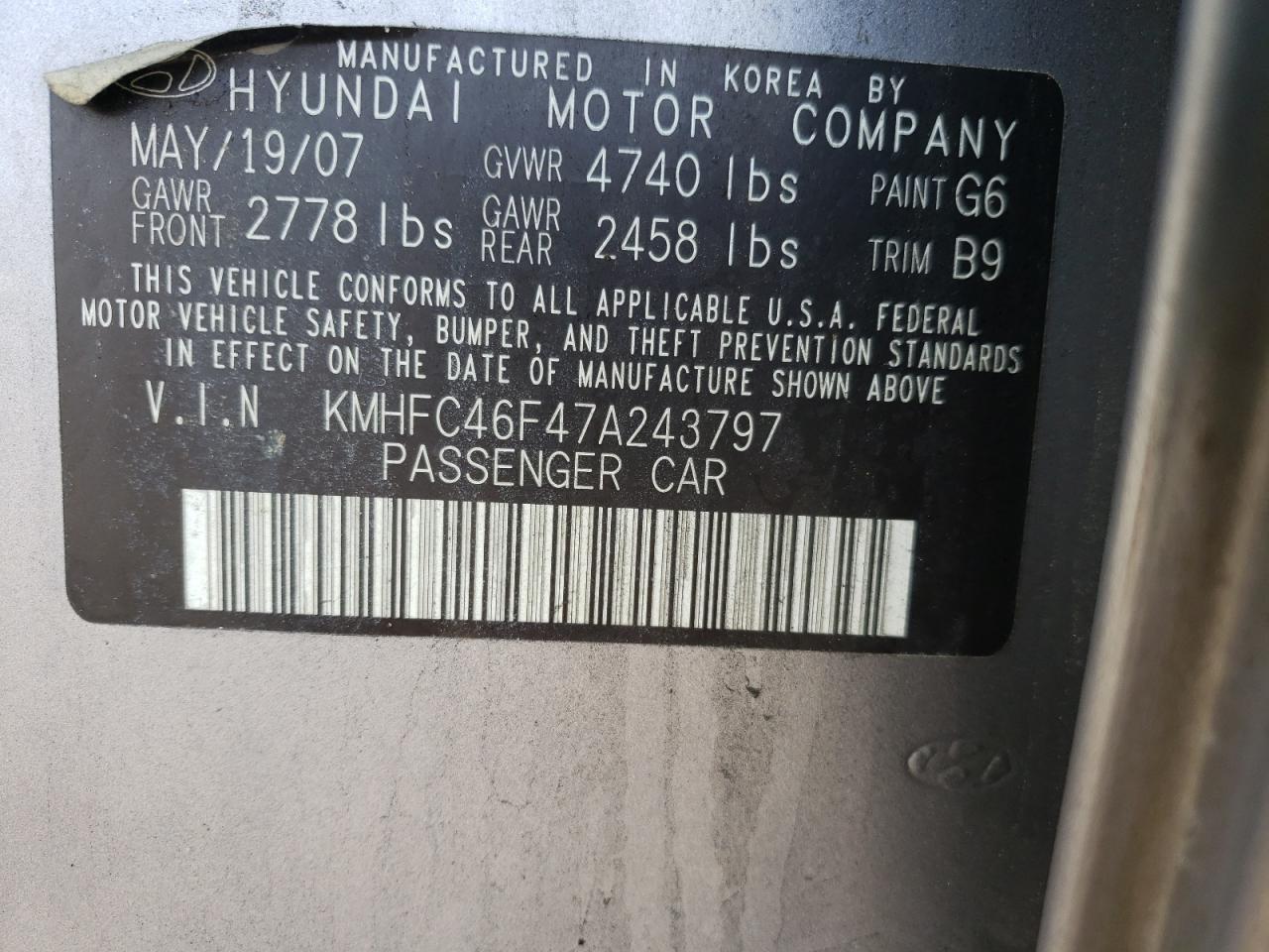 Photo 10 from auction – 2007 HYUNDAI AZERA SE with VIN KMHFC46F47A243797