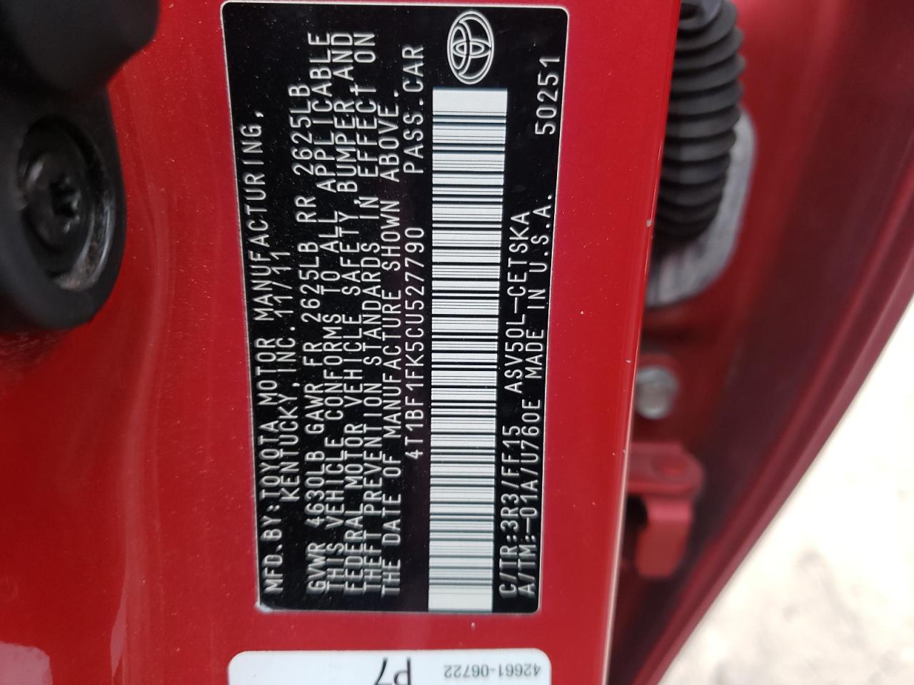 Photo 10 from auction – 2012 TOYOTA CAMRY BASE with VIN 4T1BF1FK5CU527790