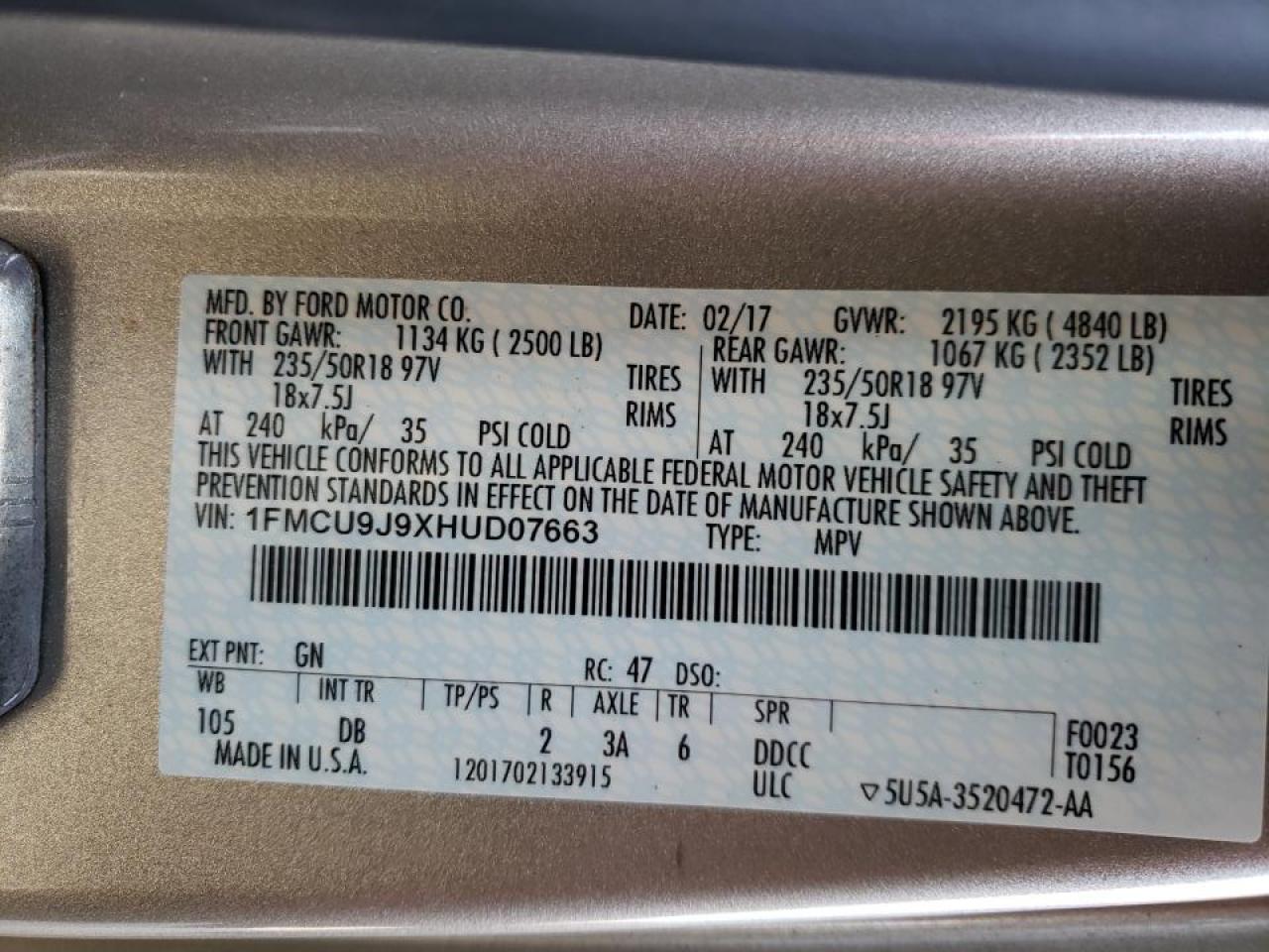 Photo 10 from auction – 2017 FORD ESCAPE TIT with VIN 1FMCU9J9XHUD07663