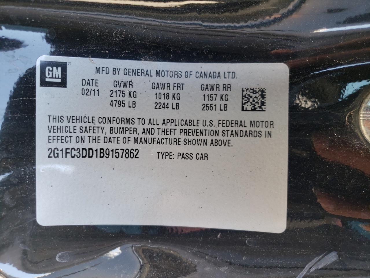 Photo 10 from auction – 2011 CHEVROLET CAMARO LT with VIN 2G1FC3DD1B9157862