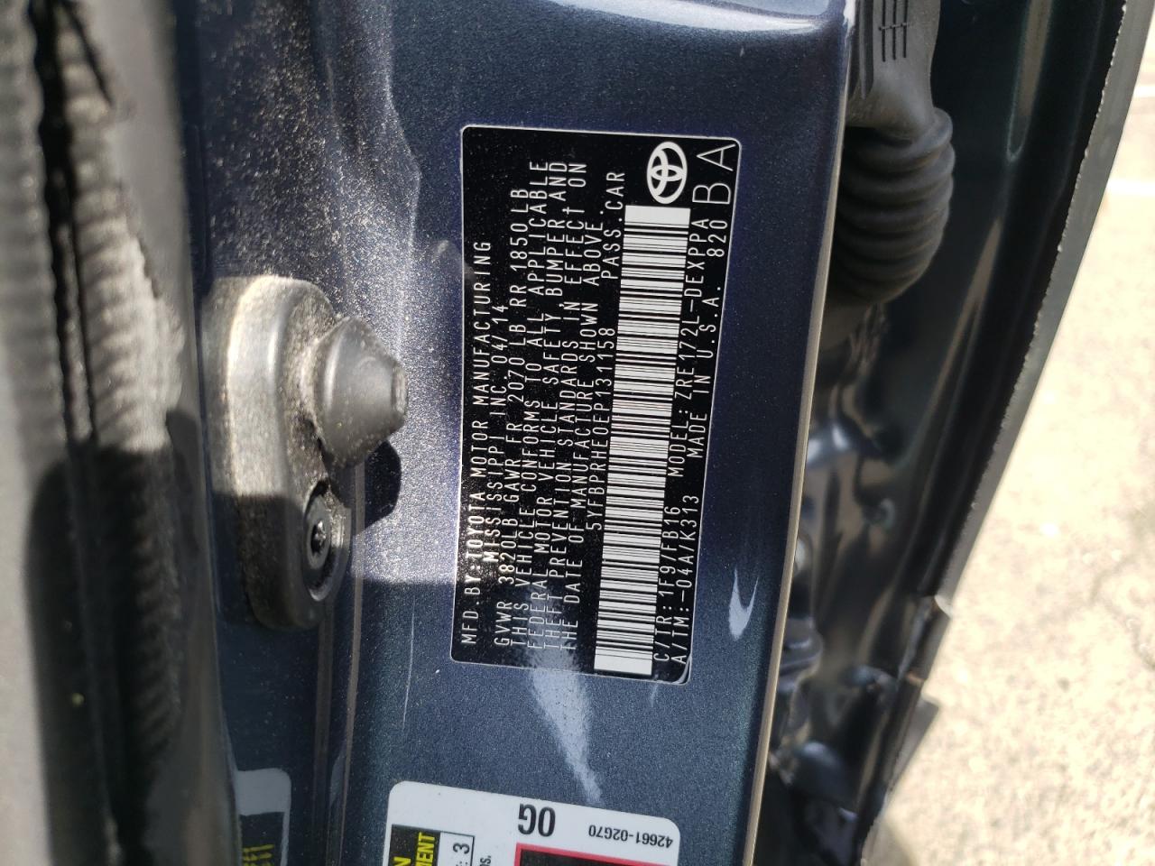 Photo 10 from auction – 2014 TOYOTA COROLLA EC with VIN 5YFBPRHE0EP131158