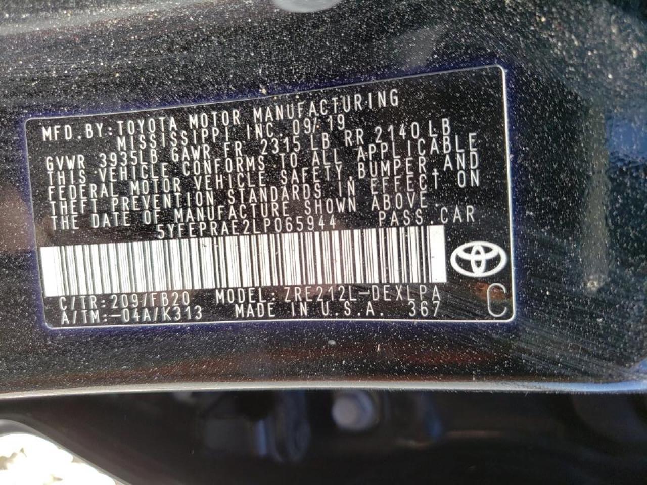 Photo 10 from auction – 2020 TOYOTA COROLLA LE with VIN 5YFEPRAE2LP065944