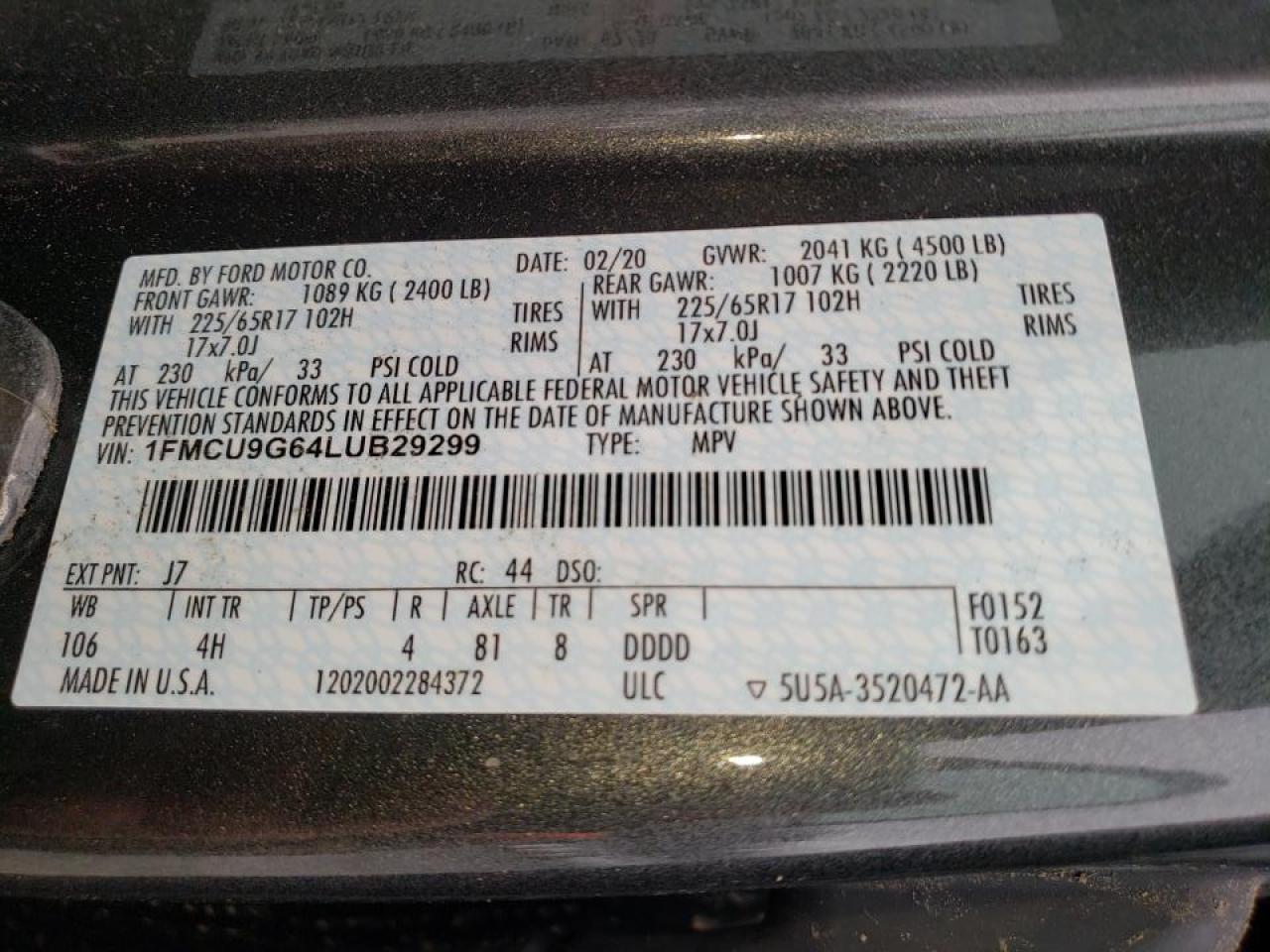 Photo 10 from auction – 2020 FORD ESCAPE SE with VIN 1FMCU9G64LUB29299