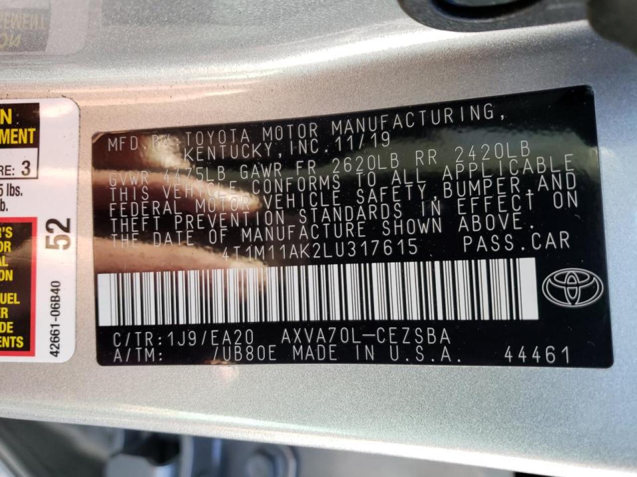 Photo 10 from auction – 2020 TOYOTA CAMRY SE with VIN 4T1M11AK2LU317615