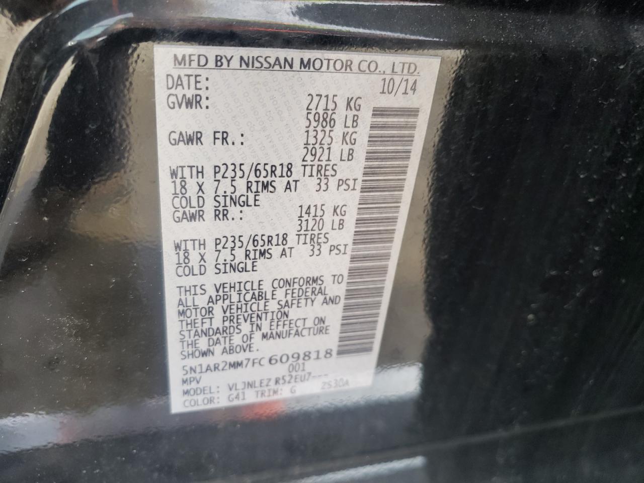 Photo 10 from auction – 2015 NISSAN PATHFINDER with VIN 5N1AR2MM7FC609818